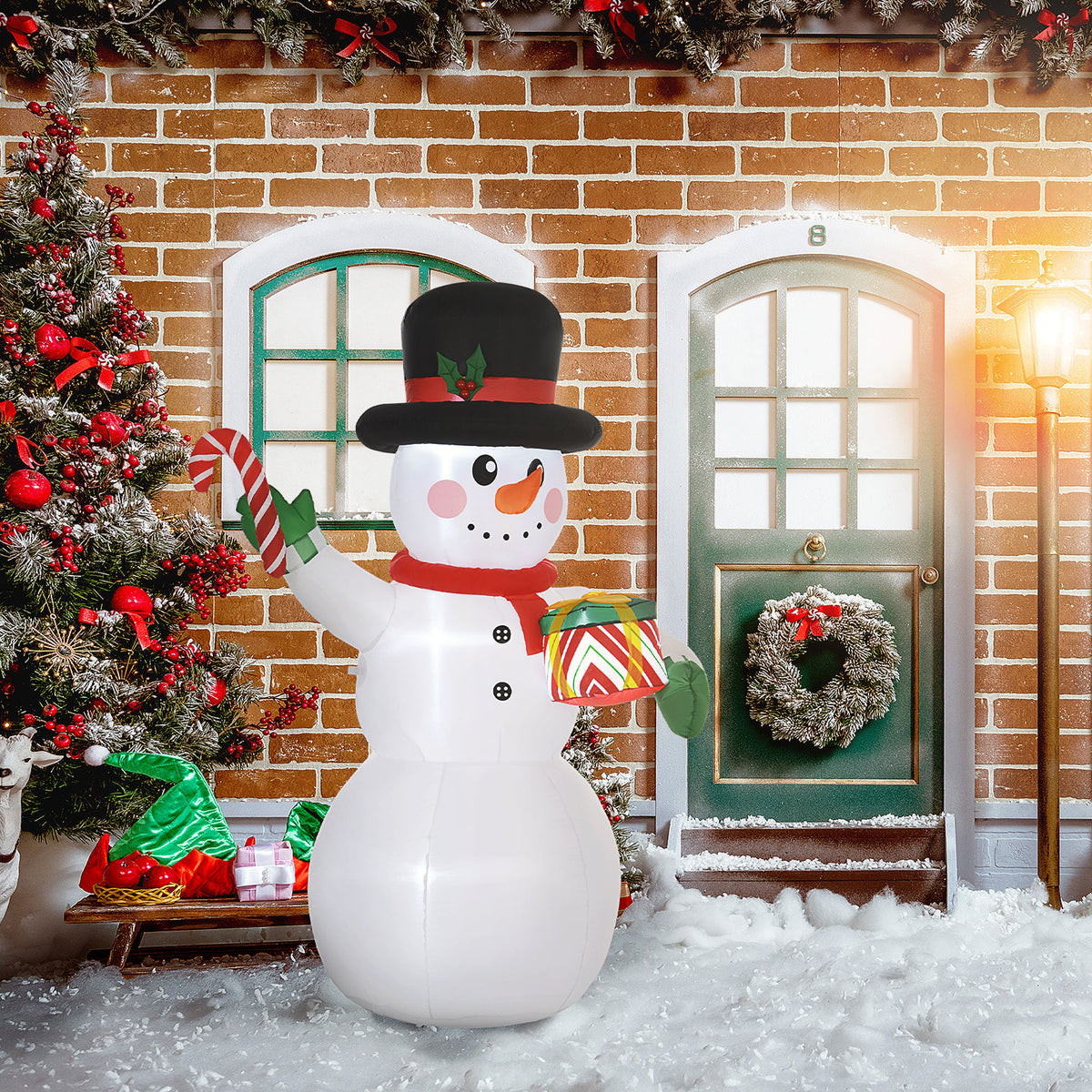 1.80 m snowman with candy cane & gift, self-inflatable, LEDs, weatherproof (2)
