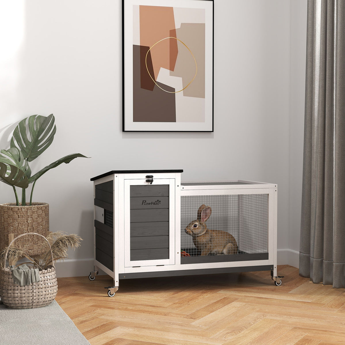 Wooden rabbit hutch rabbit cage with run wheels hinged roof for indoors, outdoors 92 x 52 x 67 cm dark grey (2)