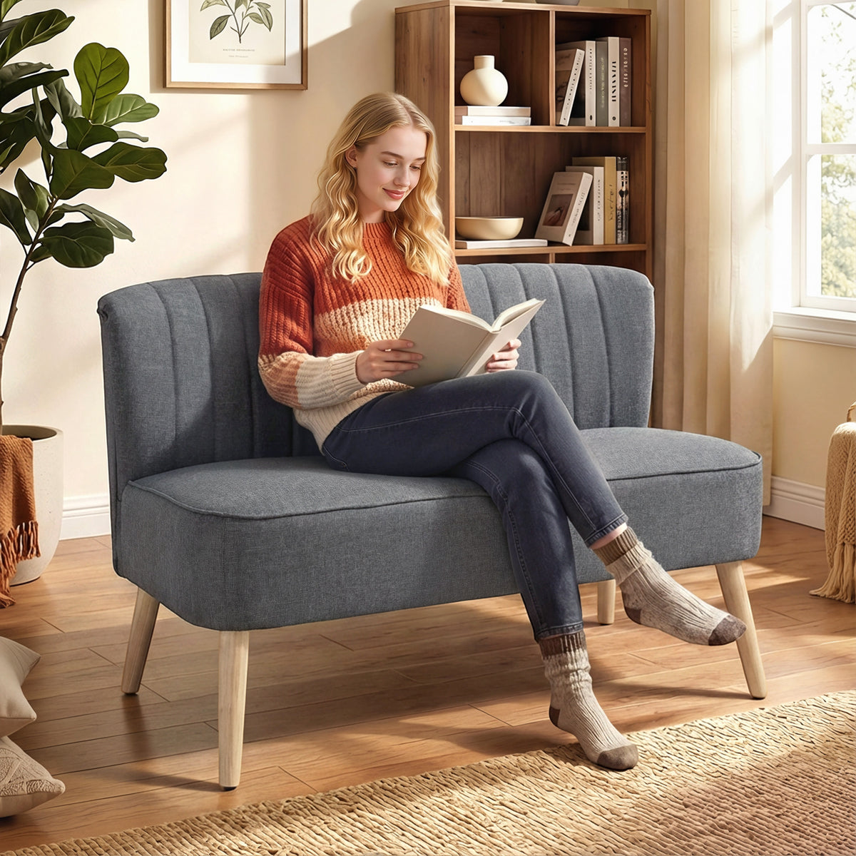HOMCOM Sofa 2 Sitzer, Polstersofa Leinenoptik, Holzrahmen, Für Wohnzimmer Schlafzimmer, 117 cm, Grau – Produktabbildung 2