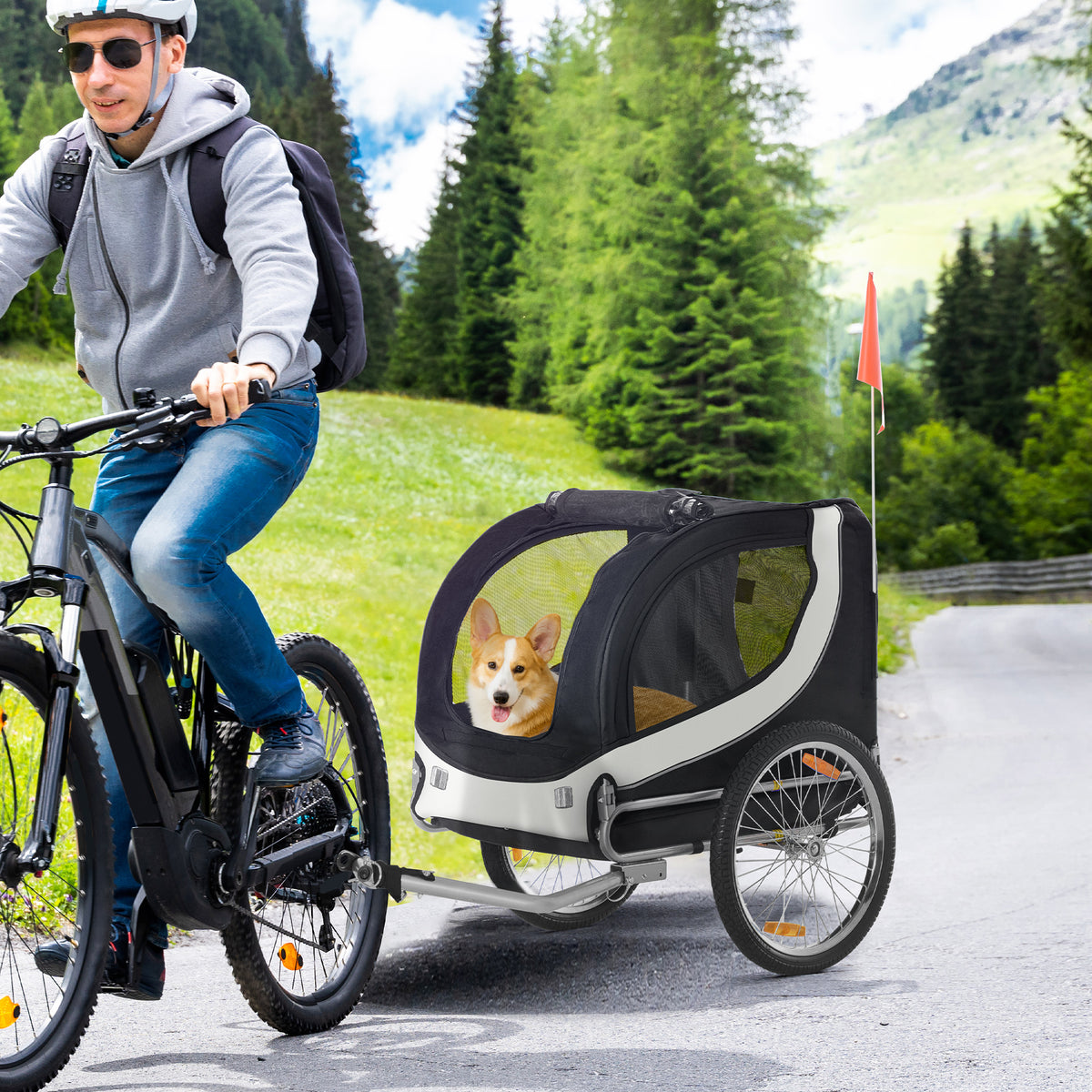 PawHut Fahrradanhänger Hundeanhänger bis 20kg Netzfenster, aufrollbare Abdeckung, Universalkupplung – Produktabbildung 2