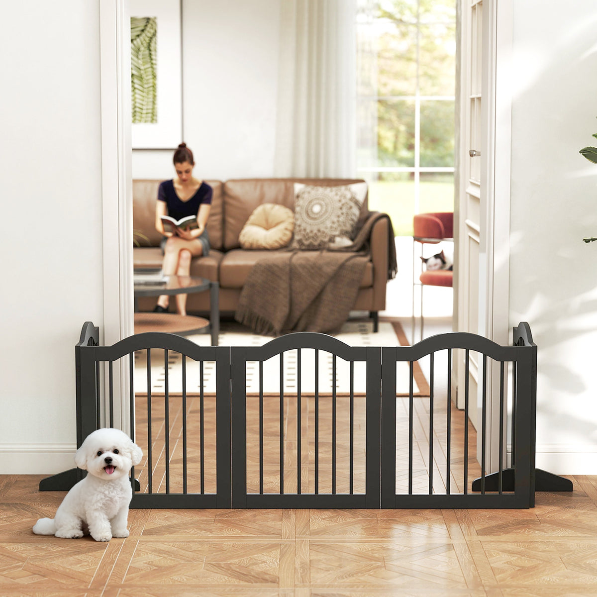 PawHut Absperrgitter Hund Freistehendes Schutzgitter mit Füßen, Klappbar Hundegitter, 5 Paneelen, 261,5 – Produktabbildung 2