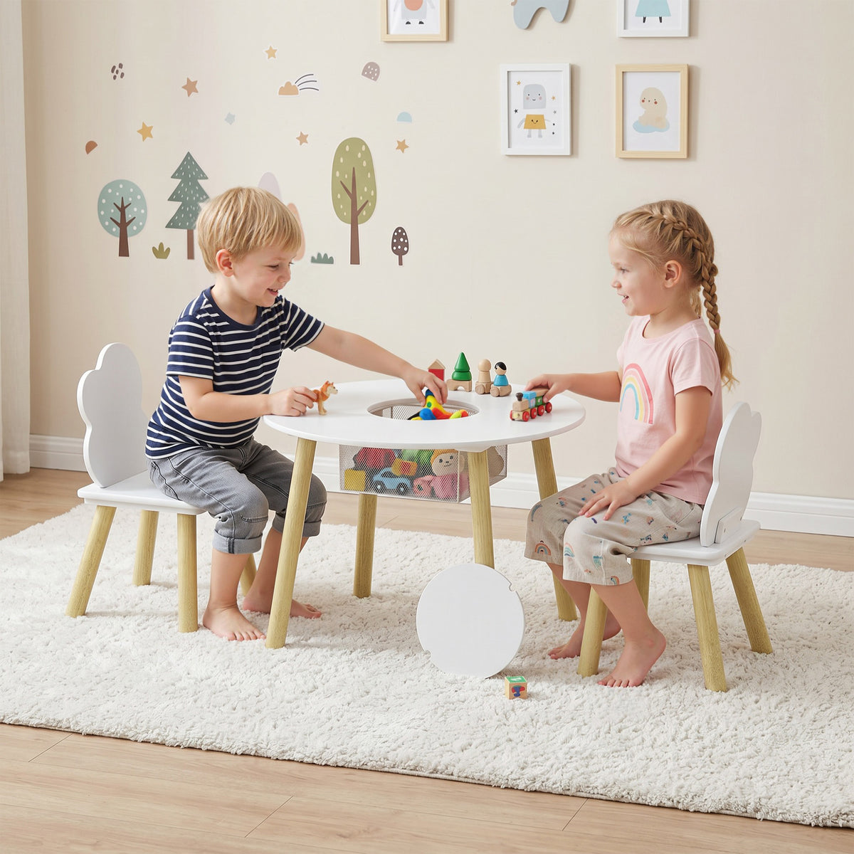 Children's table with chairs and storage, 3-piece children's furniture set in white and natural for playroom and (2)