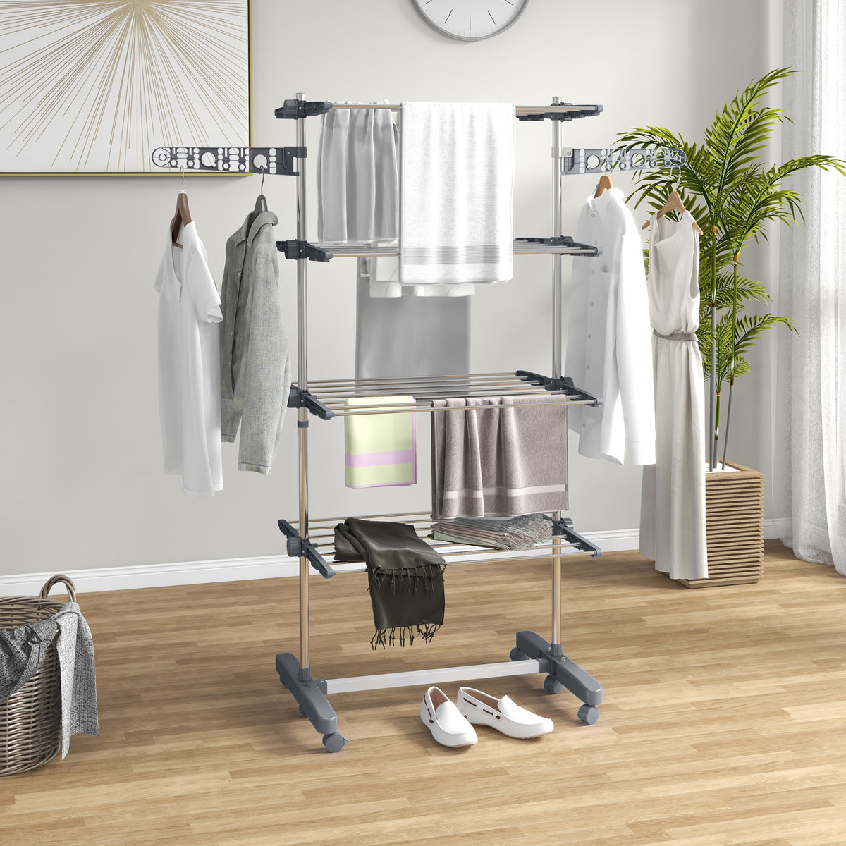 Clothes drying rack, 5 levels, foldable, one-click system, 142 cm x 55 cm x 172 cm, grey + silver (2)