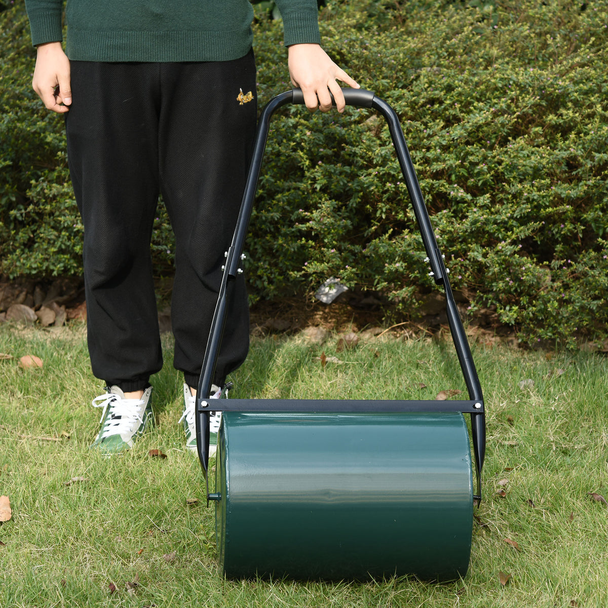 Lawn roller garden roller with U-handle 31 cm diameter 30 cm working width 40 L water/sand filling metal green (2)