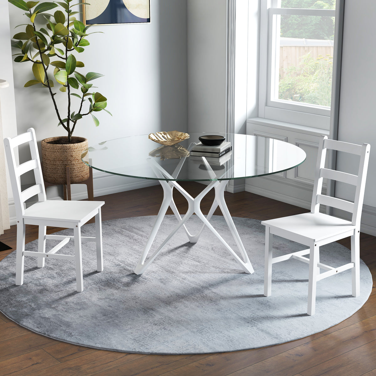 Dining chairs, set of 2, wooden kitchen chair with slatted backrest, non-slip, 41.5 x 46 x 90 cm, white (2)