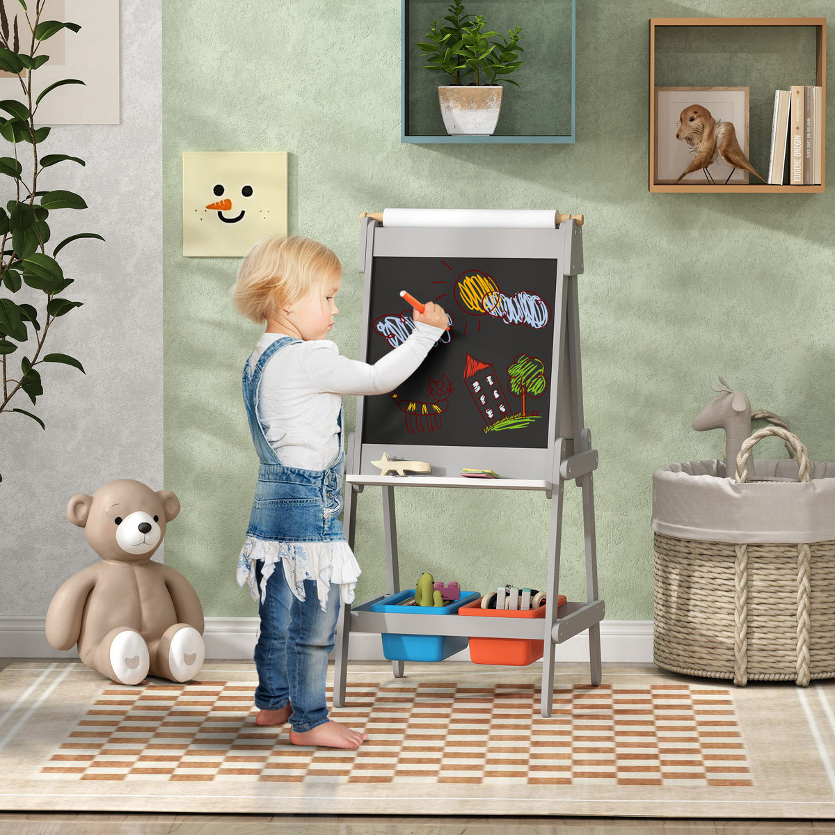 Double-sided kids' easel with paper roll, chalkboard, whiteboard, 3-in-1 design, for drawing and painting (2)