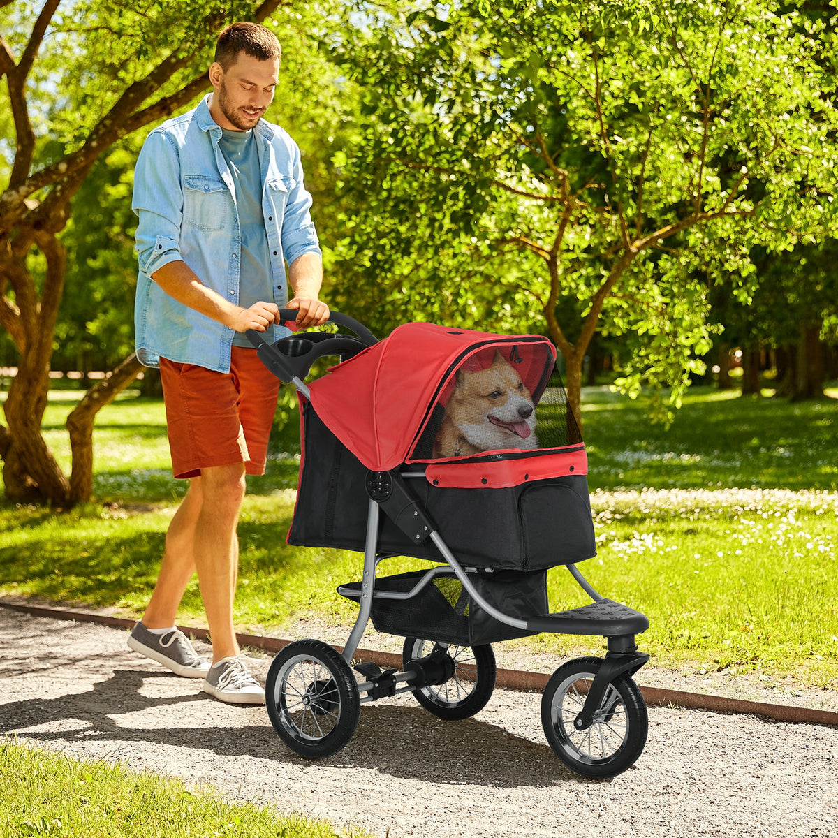 PawHut Hundewagen Hundebuggy mit 3 Rädern klappbar bis 10 kg Oxford Rot+Schwarz 109,5 x 54,5 x 106,5 cm – Produktabbildung 2