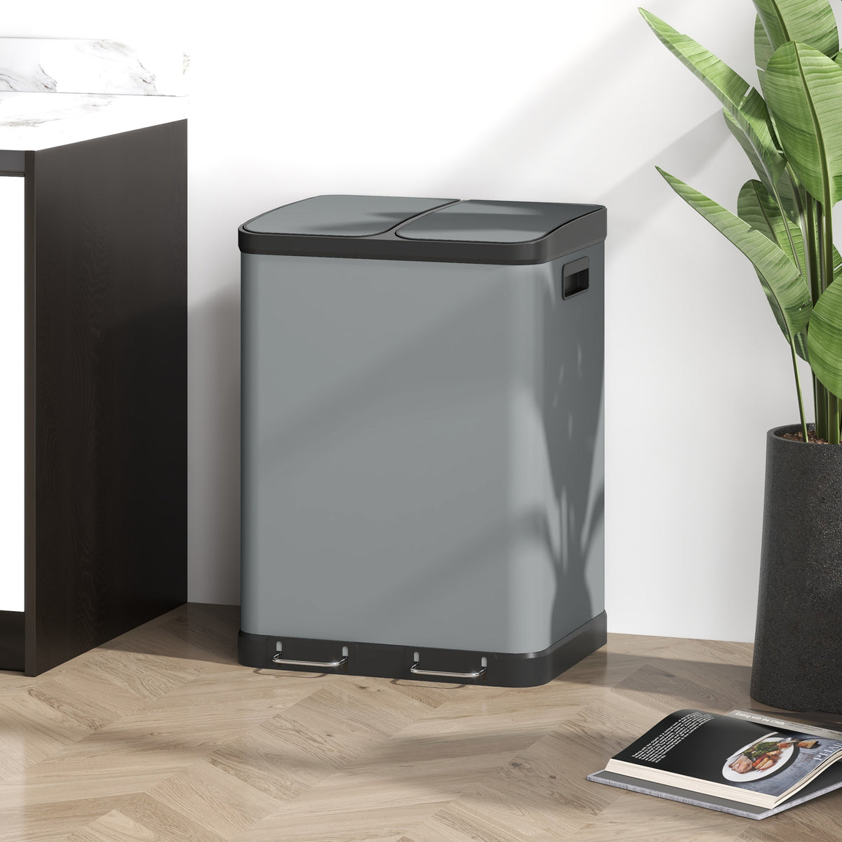 HOMCOM Doppelfach-Mülleimer, 2 x 30L, fingerabdruckresistent, Pedal, herausnehmbare Inneneimer, Grau – Produktabbildung 2