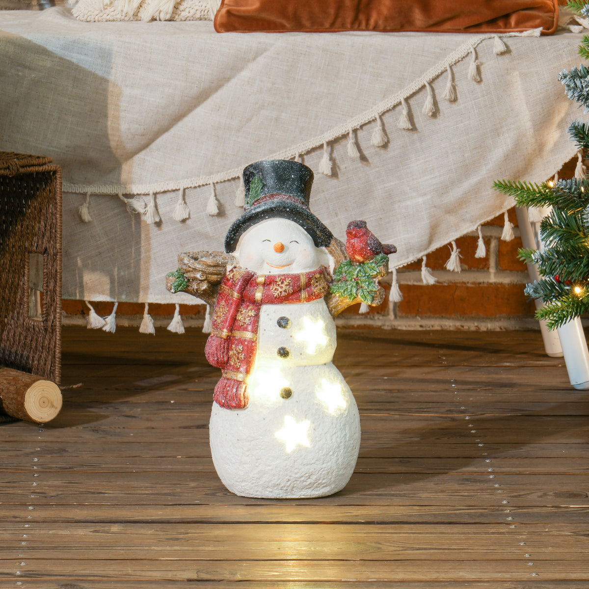 HOMCOM Weihnachtsdeko, Schneemann mit Vogel, 4 warmweiße LEDs, batteriebetrieben, 25 x 15,5 x 38 cm – Produktabbildung 2