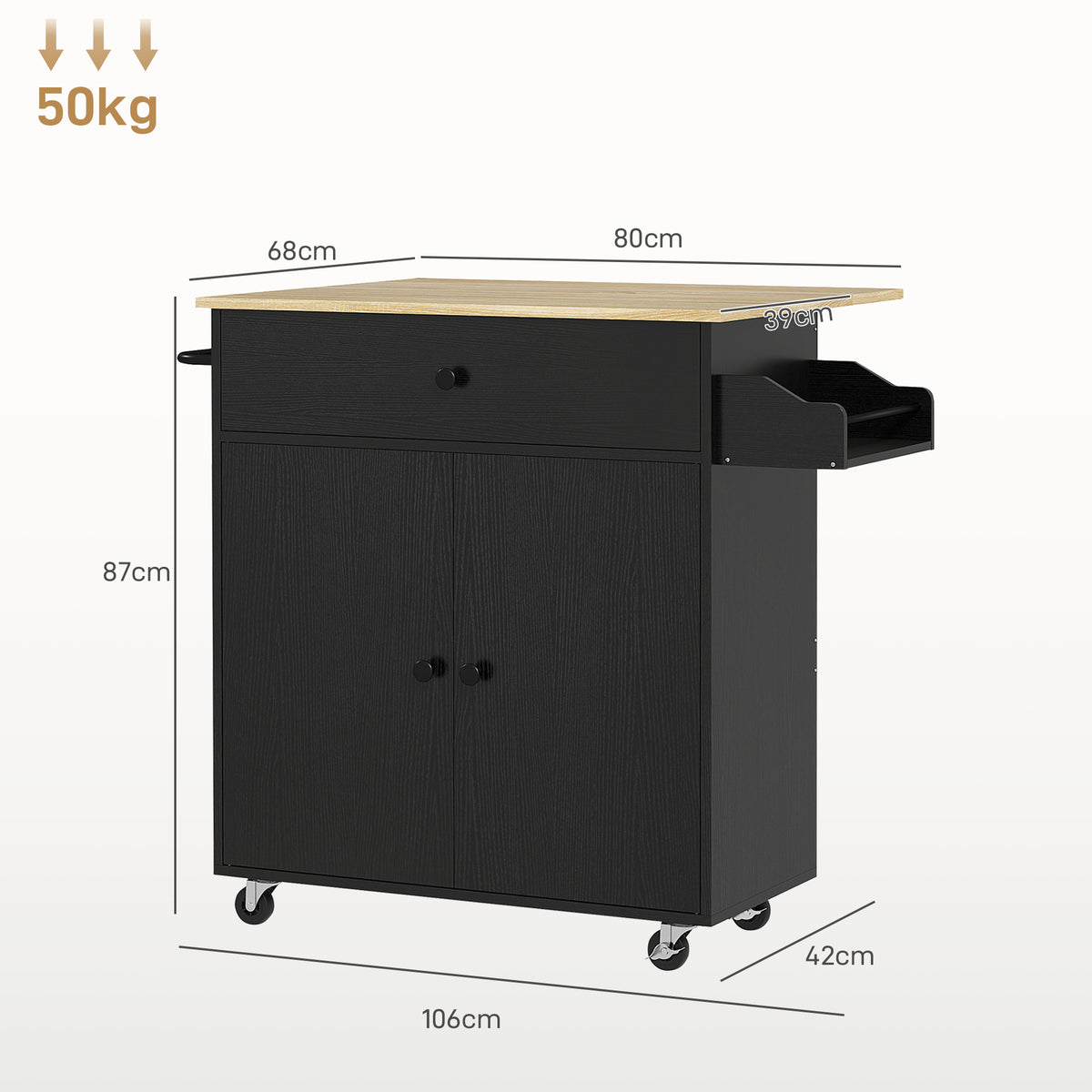 HOMCOM Küchenwagen mit Schublade, Schrankfach, Handtuchstange, 106 x 42 x 87 cm, Schwarz/Eiche – Produktabbildung 3