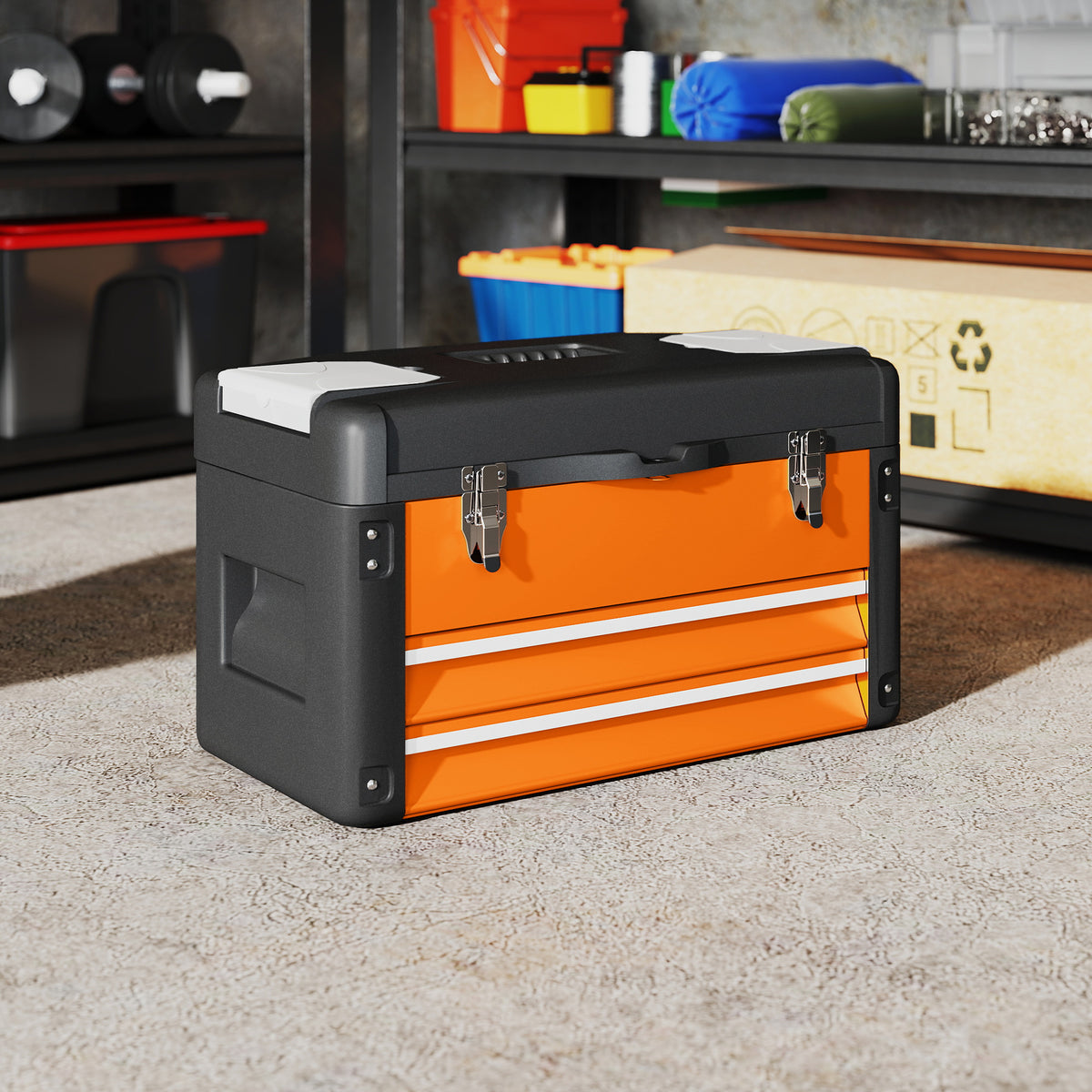 HOMCOM Werkzeugkiste leer, 49,7 x 25,3 x 28,9 cm Werkzeugkasten mit Schublade, Mini-Box Stahl Orange – Produktabbildung 2
