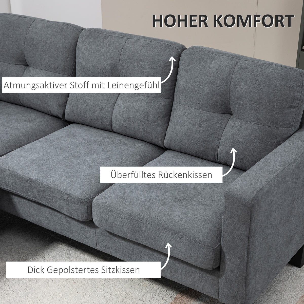 HOMCOM Ecksofa in L-Form, beidseitig anbringbare Chaiselongue, Polstersofa, Dunkelgrau – Produktabbildung 4