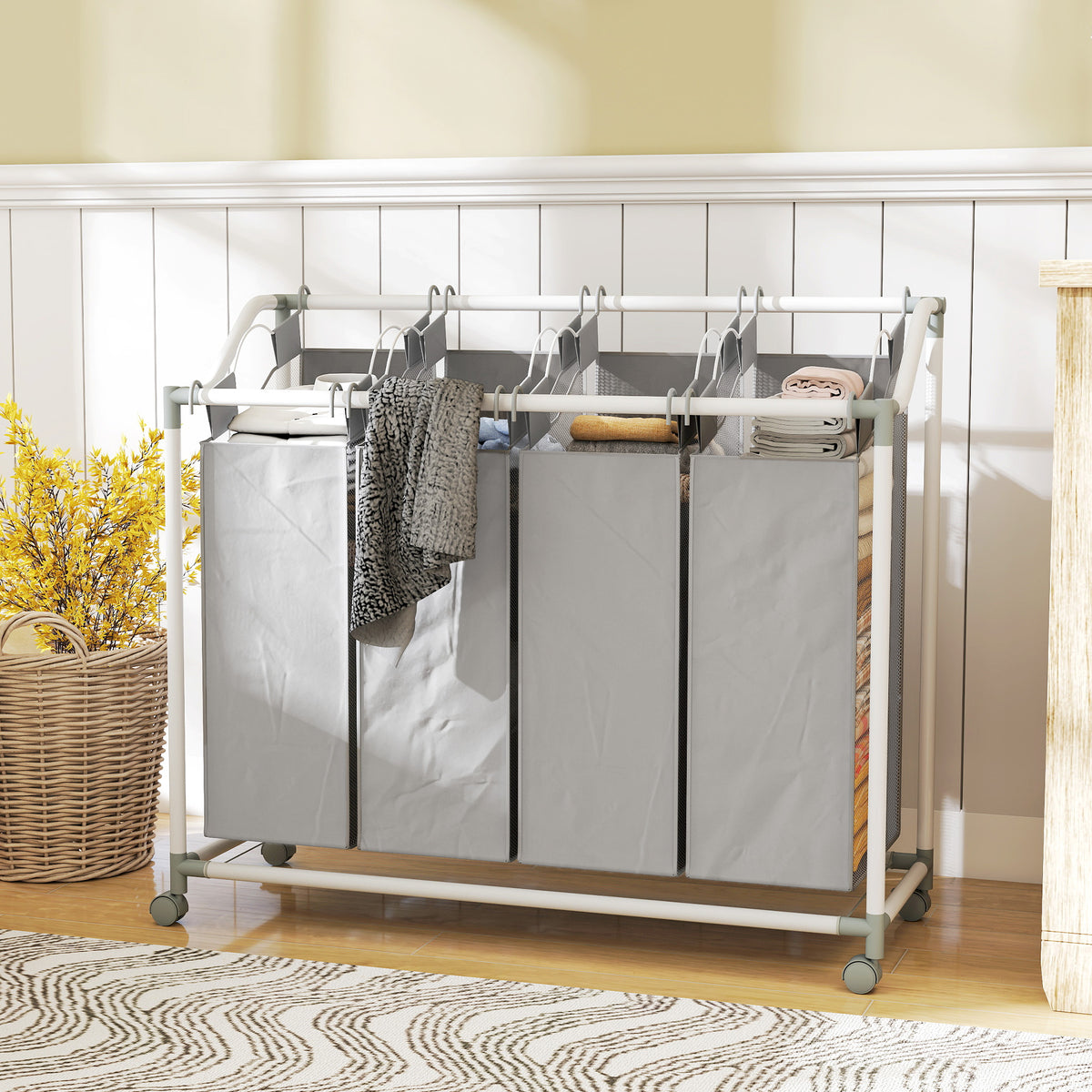 HOMCOM Wäschekorb mit 4 Fächer 160 L Wäschesammler mit Rädern, herausnehmbarer Wäschesack, 97 x 38 x 81 – Produktabbildung 2