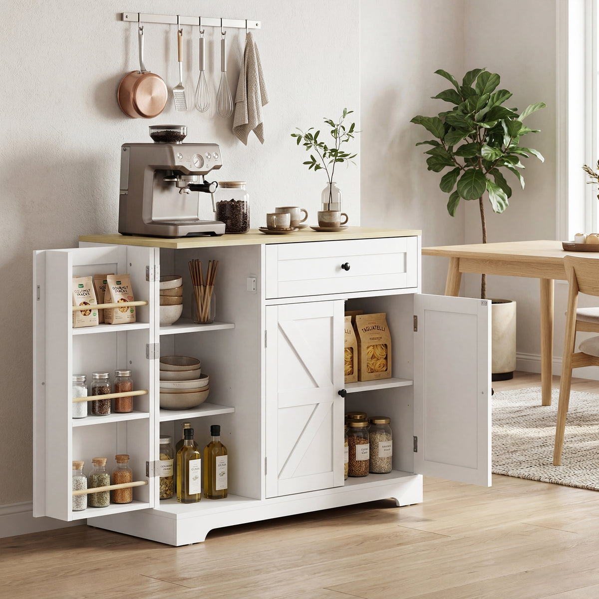 HOMCOM Sideboard, Landhausstil Küchenschrank mit Schiebetüren, 1 Schublade, 2 verstellbaren Einlegeböden – Produktabbildung 2