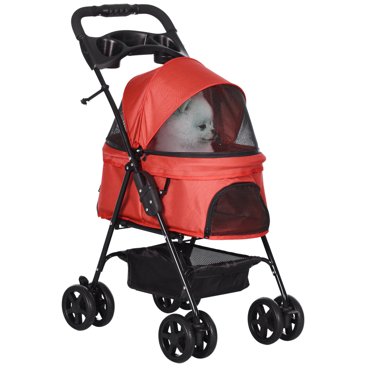 PawHut Hundebuggy Hundewagen bis 4 kg Klappbar Netzfenster Bodenkorb Becherhalter abnehmbares Dach rot 67 x