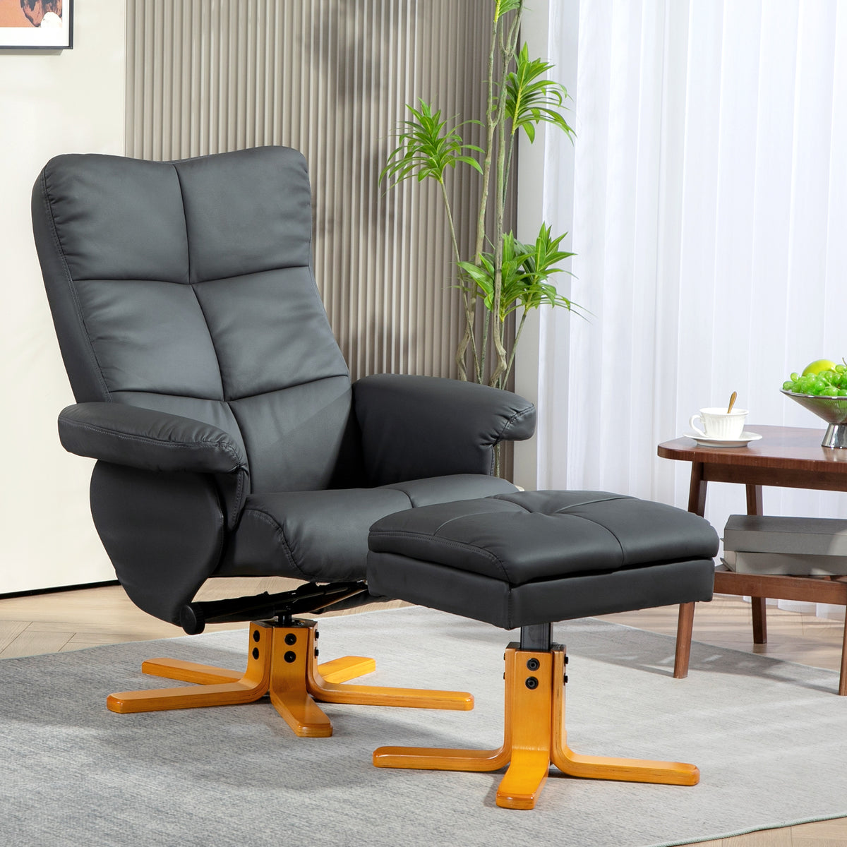 Recliner with footstool, 145° reclining backrest, 360° swivel, faux leather, dark gray (2)