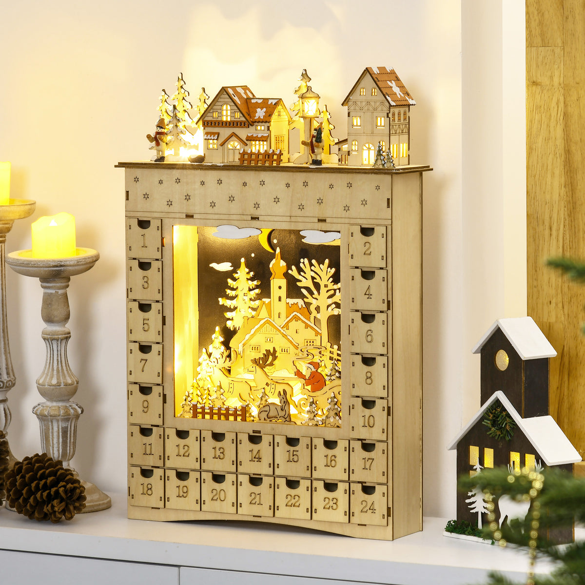 HOMCOM Adventskalender zum Befüllen 24 Schubladen Fächer Weihnachtskalender mit LED-Lichtern Naturholz – Produktabbildung 2