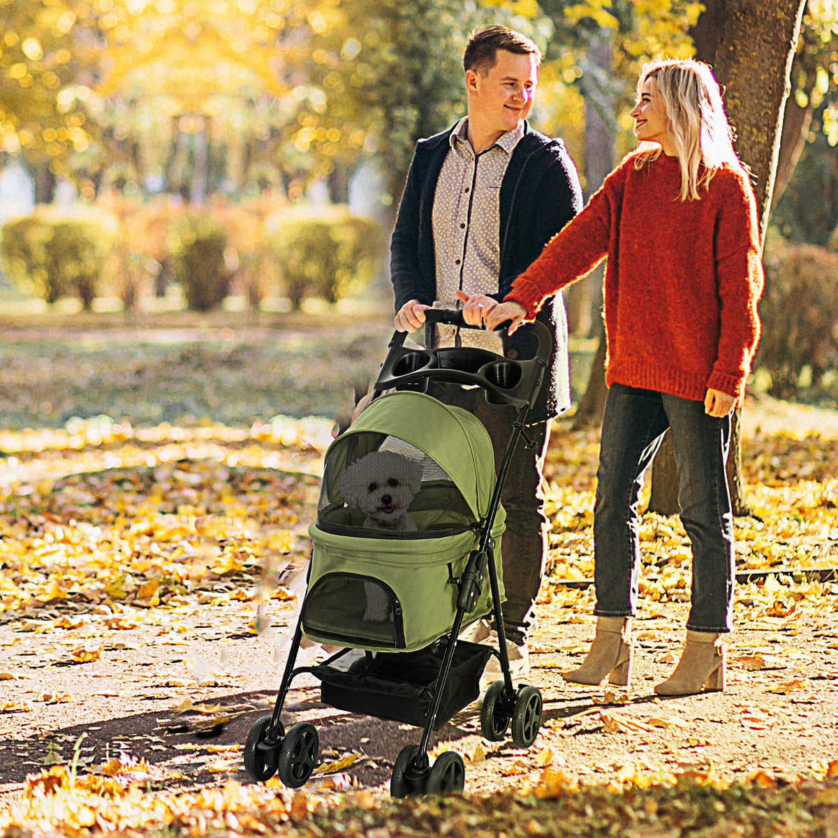 PawHut Hundewagen Hundebuggy, klappbar, 2 Sicherheitsleinen, 2 Becherhalter, 67 x 45 x 96 cm, Khaki – Produktabbildung 2