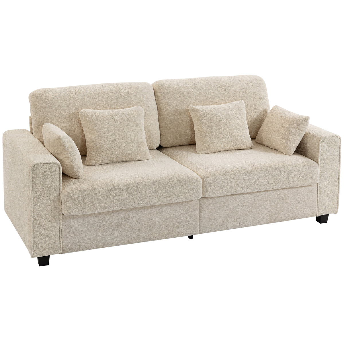 Beige 3-seater sofa with raindrop velvet upholstery, deep seat, feather cushions, wide armrests and 4 pillows