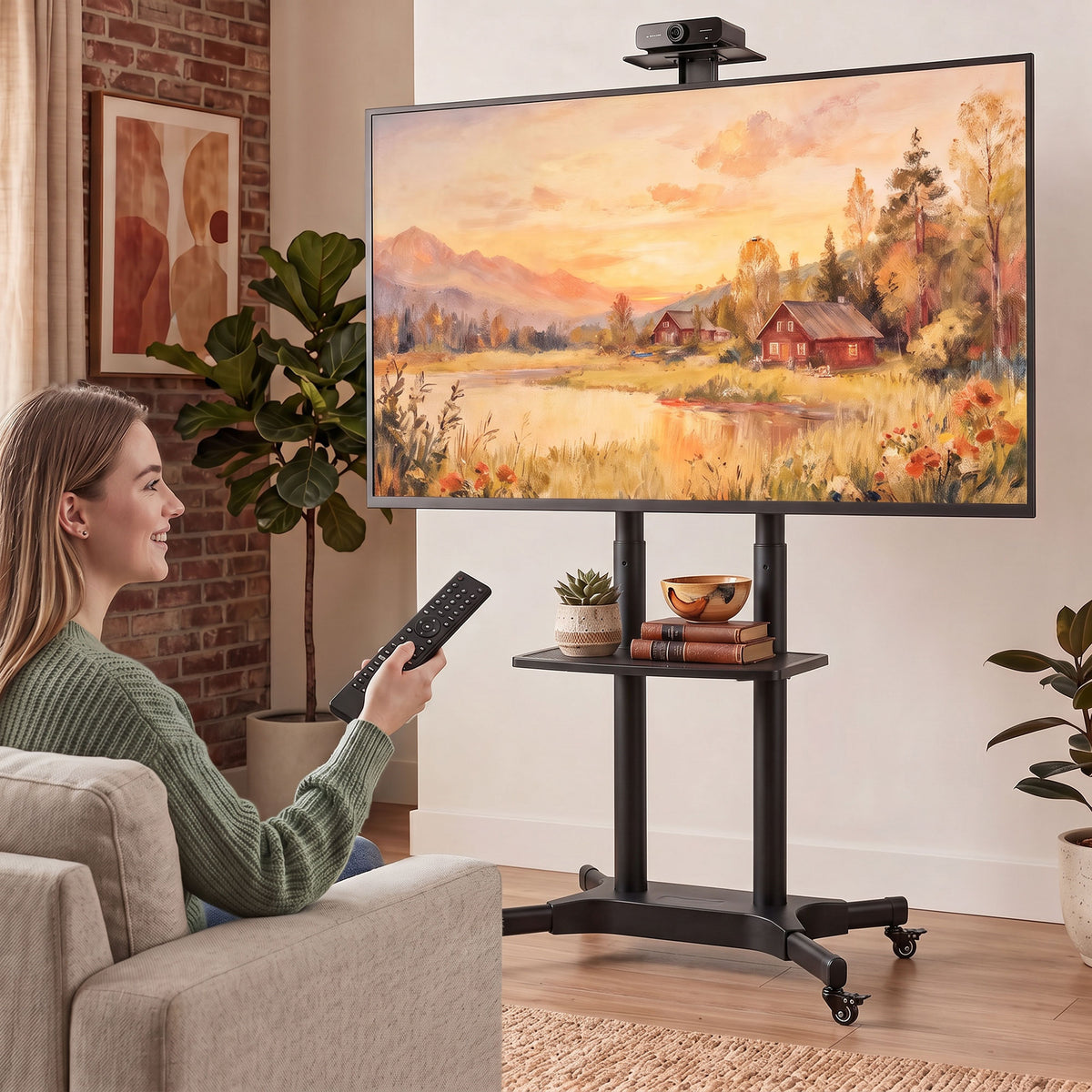 HOMCOM TV Ständer Rollbar für 32-75 Zoll Fernseher Höhenverstellbarer Fernsehständer mit 2 Ablagen – Produktabbildung 2
