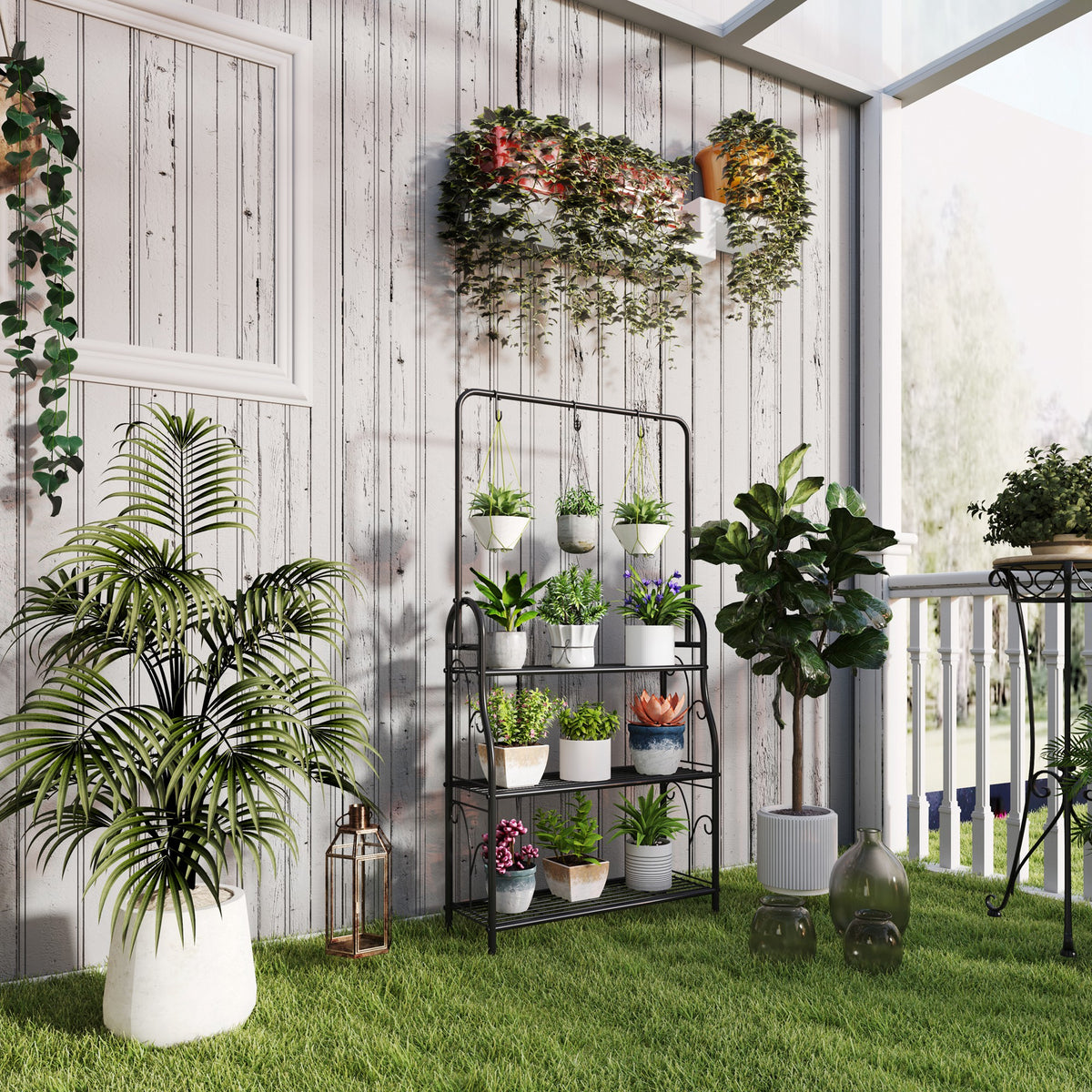 Outsunny Blumenregal, 3-stufiges Pflanzenregal mit Hängehaken, Metallregal für Blumentöpfe, Indoor- und – Produktabbildung 2