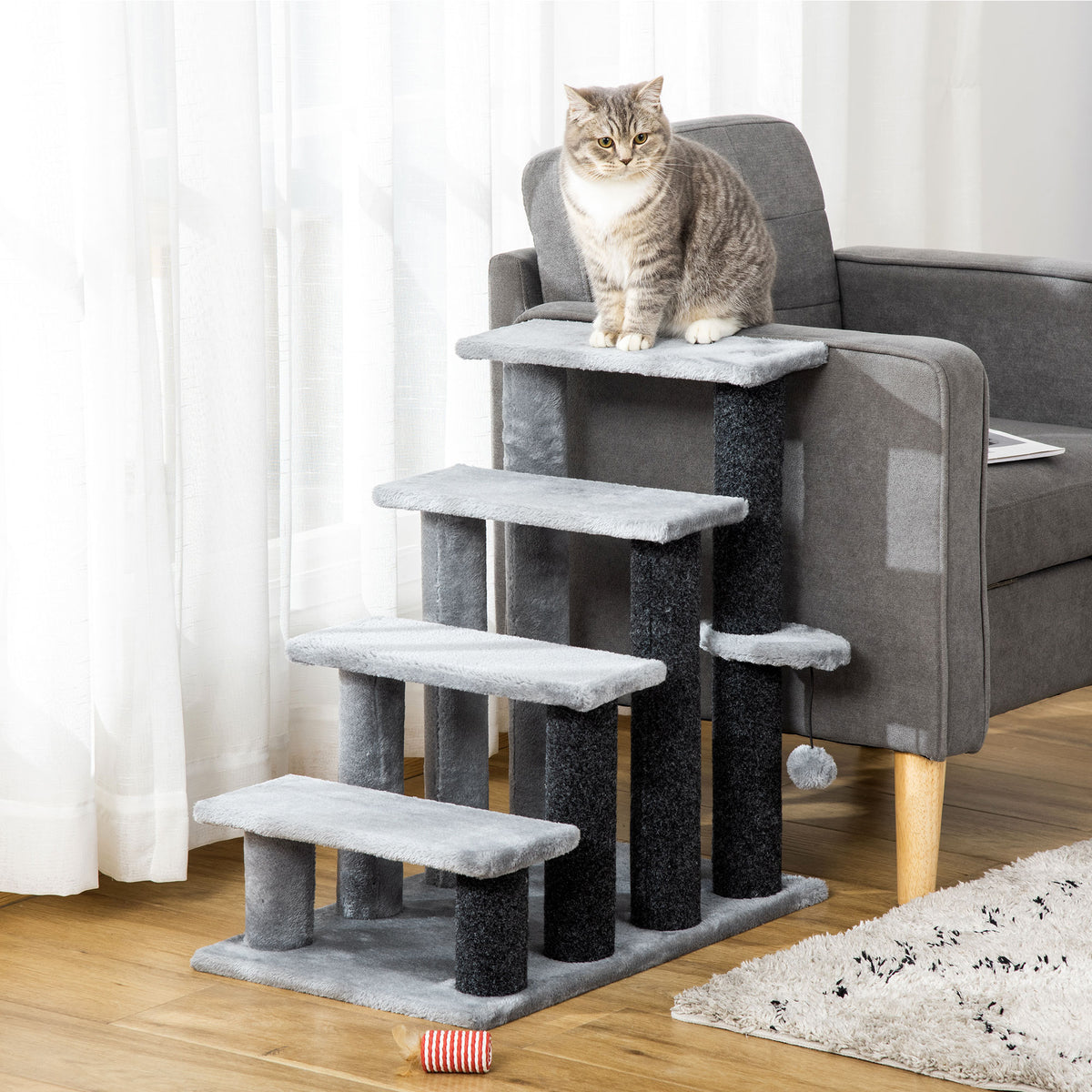 PawHut Katzentreppe 4-stufige Haustiertreppe mit Kratzsäulen Ball Hundetreppe Tiertreppe für Katzen bis – Produktabbildung 2