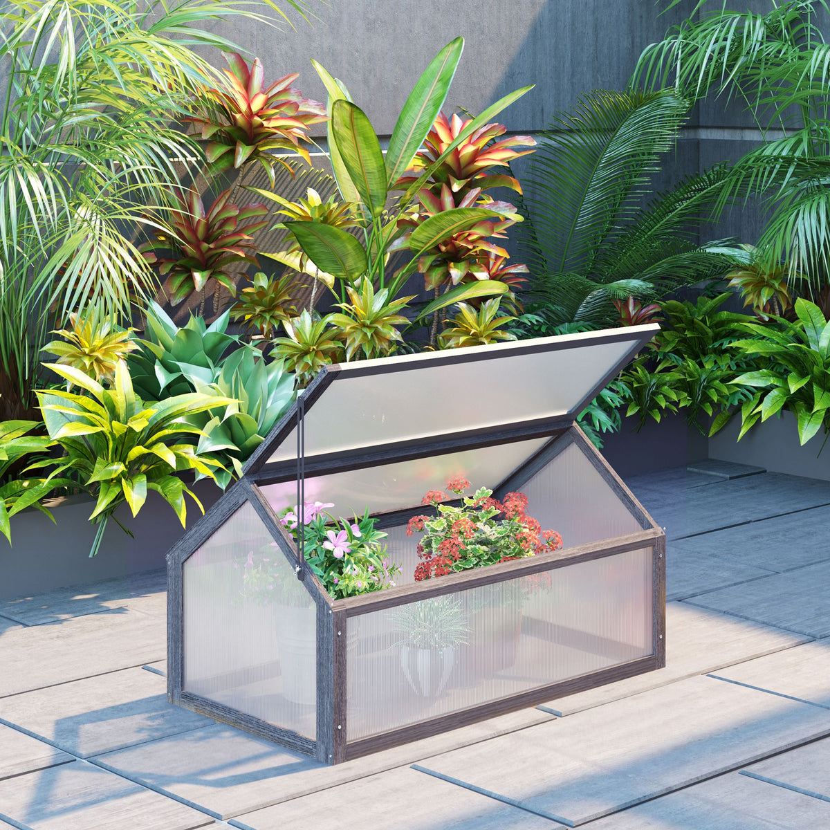 Mini greenhouse, compact wooden plant house, polycarbonate panels, ventilation opening, 90L x 52W x 49.5H cm (2)