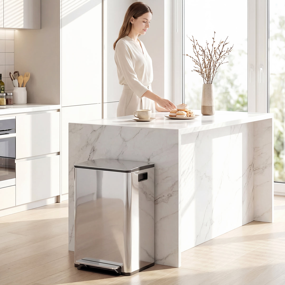 Trash can with 2x20L compartments, soft-close lid, fingerprint-proof, stainless steel, silver (2)
