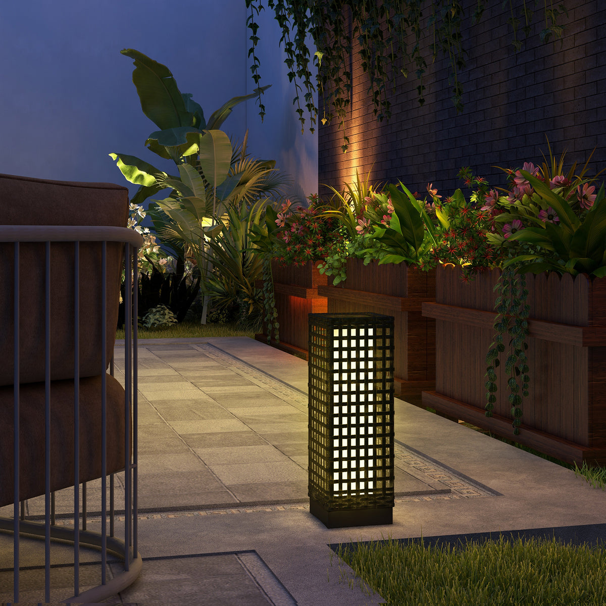 Outdoor light with solar module, automatic switch-on, 8h operating time, rattan look, steel, 15.5 x 15.5 x 46 cm (2)