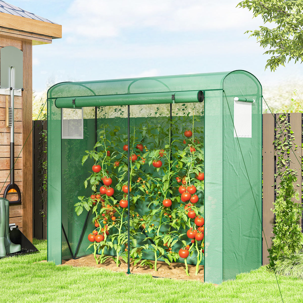 Greenhouse with mesh windows and roll-up door, steel foil greenhouse 200 x 75 x 188 cm green (2)