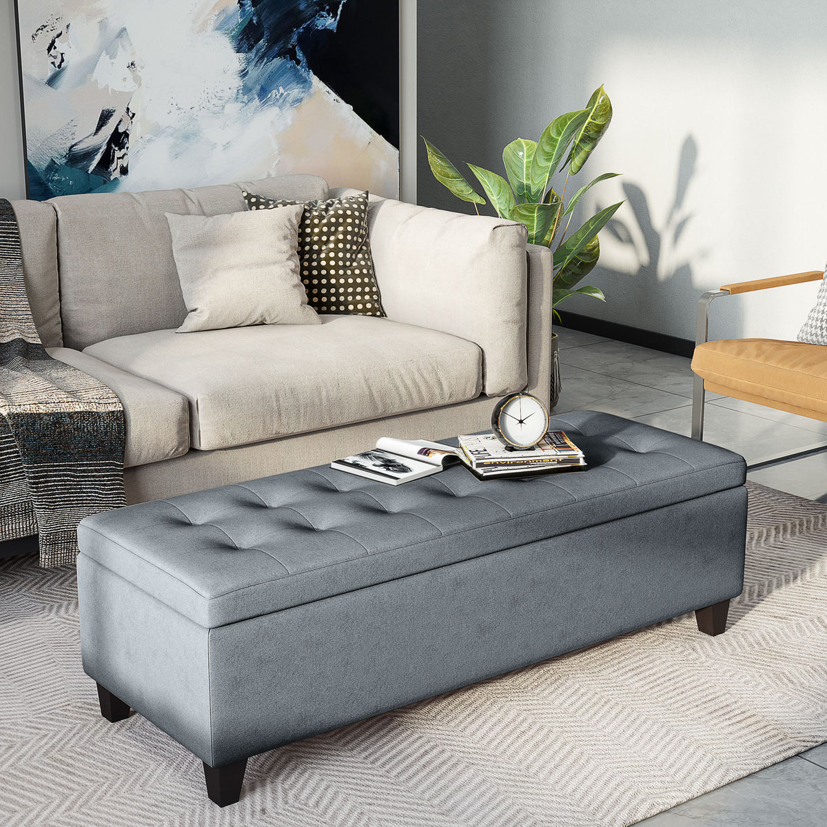 Storage bench, ottoman, hallway bench, button tufting, 125.1 cm x 48.9 cm x 41.3 cm, grey (2)