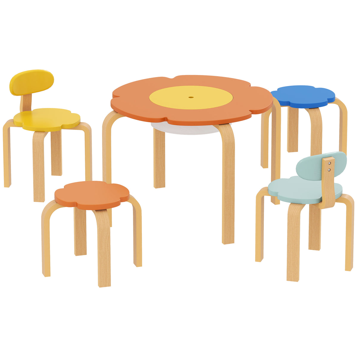 5-piece children's table and chair set, with storage bag, flower shape, for playroom, nursery, wood, colorful
