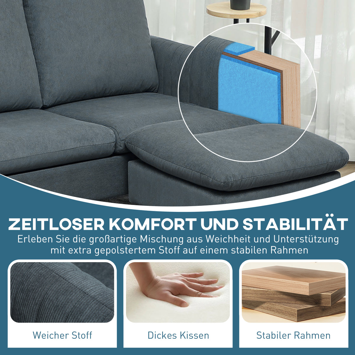 HOMCOM Ecksofa, 3-Sitzer-Sofa mit Fußhocker, Stoffbezug, L-förmiges Couch-Set, Dunkelgrau – Produktabbildung 8