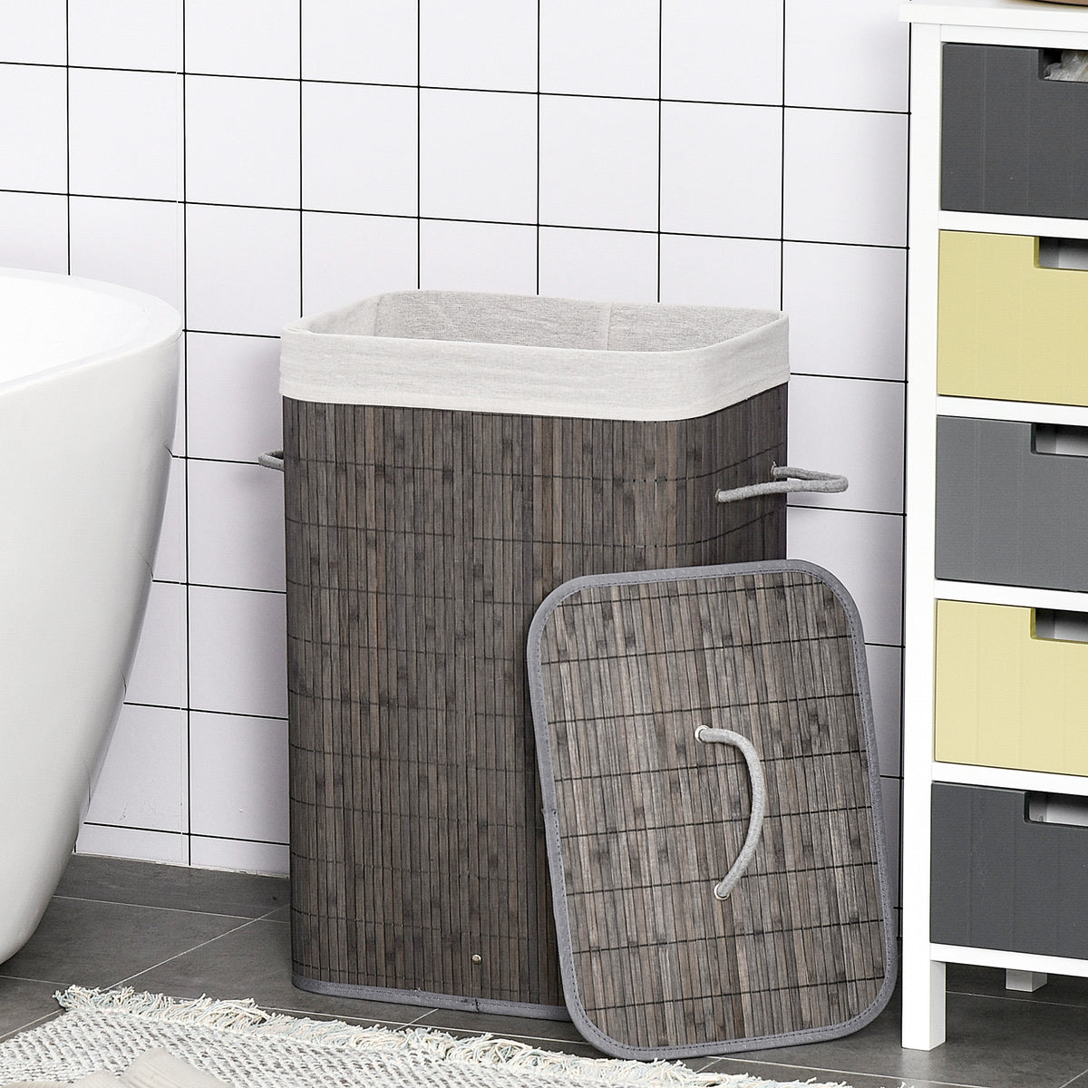 HOMCOM Wäschekorb mit Griffen und waschbarem Wäschesack, Rattan, Polyester, Baumwolle, Metall, 43L x 32B – Produktabbildung 2