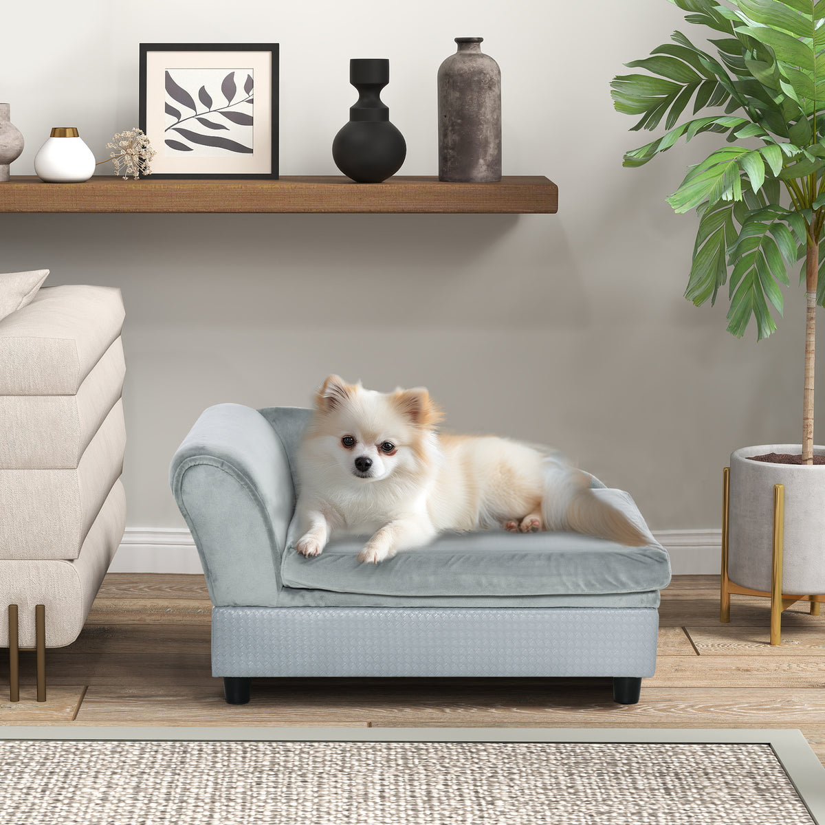 PawHut Haustiersofa mit Stauraum, weichem Kissen, bis 15 kg Tragkraft, Plüschbezug, Hartholzrahmen – Produktabbildung 2