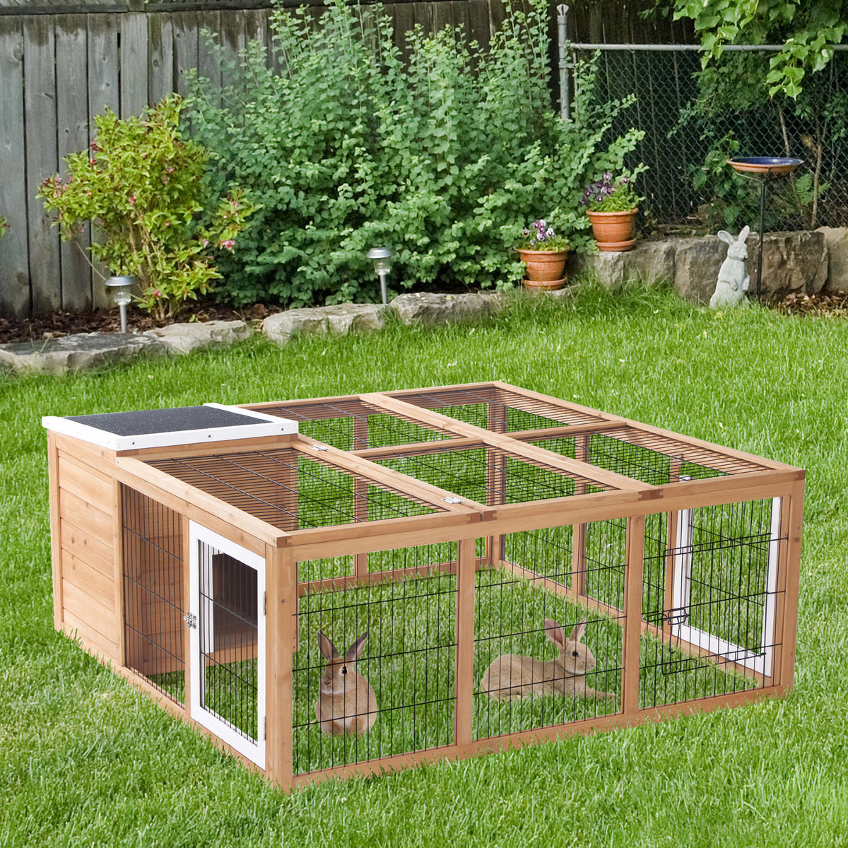PawHut Kleintierstall mit Freigehege, aufklappbares Dach, wetterbeständig, 123 cm x 120 cm x 52 cm – Produktabbildung 2