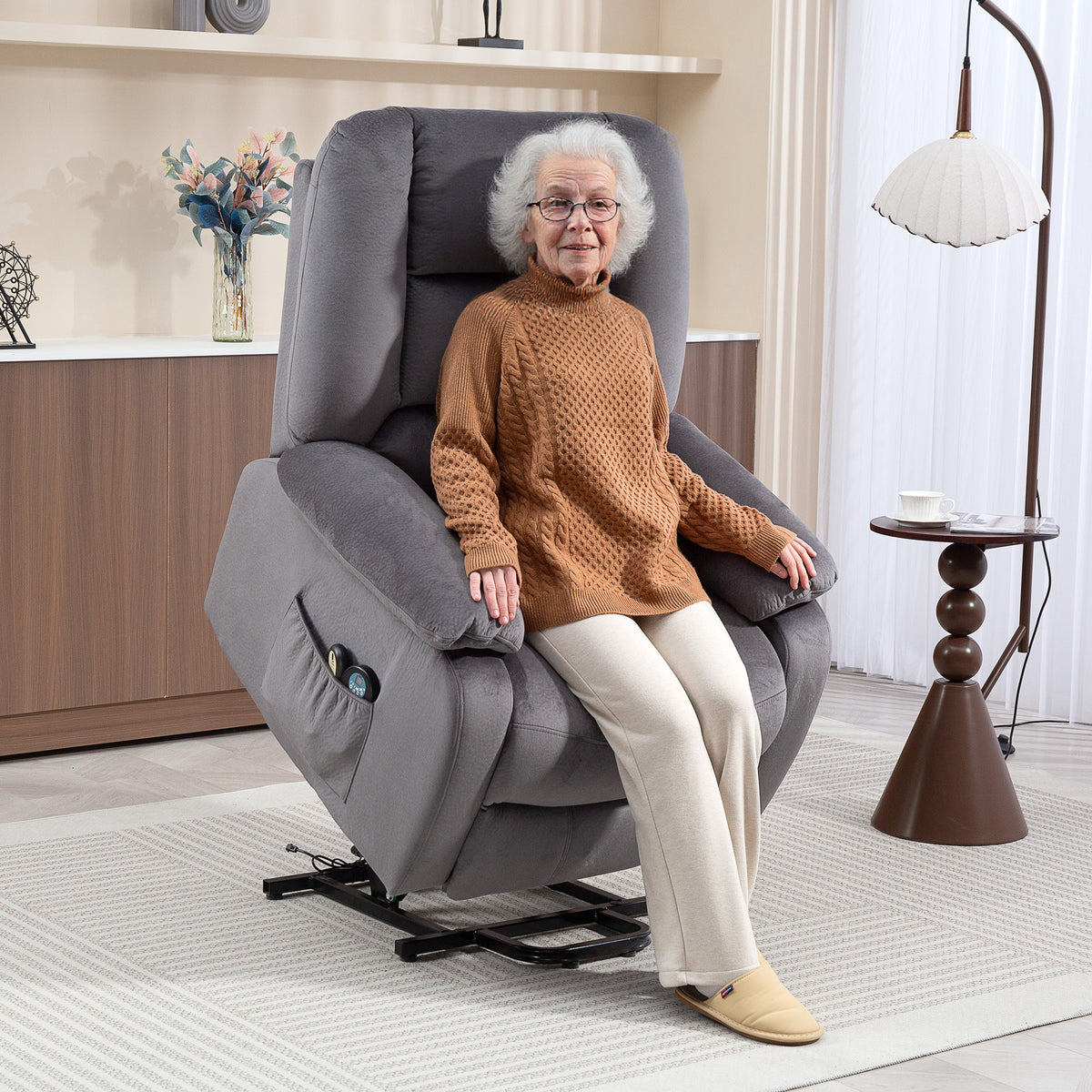 Recliner with lift-assist, heat and massage function, remote control and side pocket, dark gray (2)