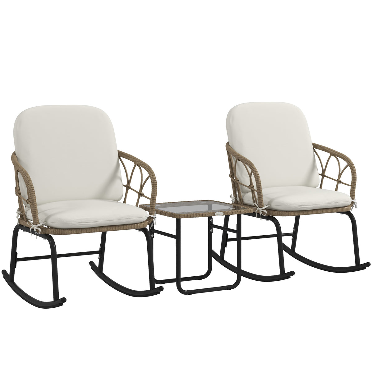Outsunny Schaukelstuhlset Schaukelstühle Bistro-Set, Bohostil, PE-Rattan, wetterbeständig, Creme