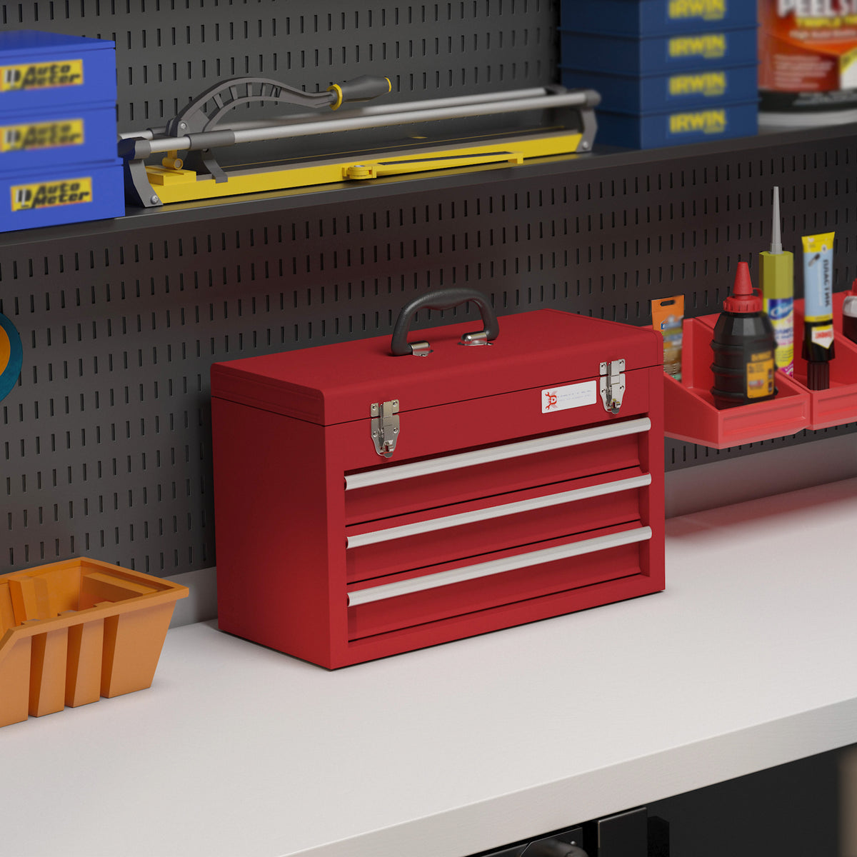 Werkzeugkiste mit 3 Schubladen, oberes Staufach, Stahlverschlüsse, Tragegriff, 51x22x32 cm, Rot – Produktabbildung 2