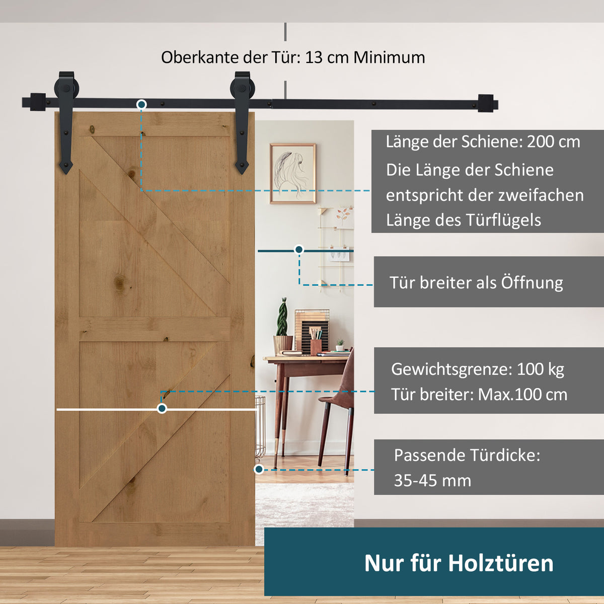 HOMCOM Schiebetür-Kit, rustikales Design, Kohlenstoffstahl, trägt bis zu 100 kg pro Paneel – Produktabbildung 5