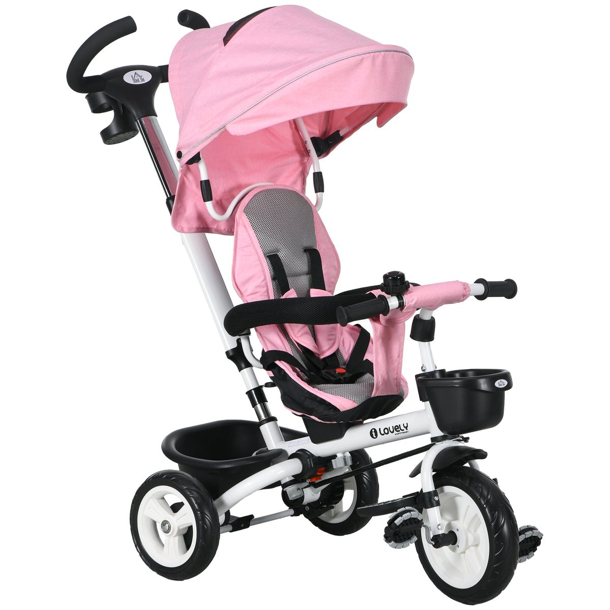 6-in-1 children's tricycle with push handle, canopy, safety belt, storage basket, 18+ months, pink