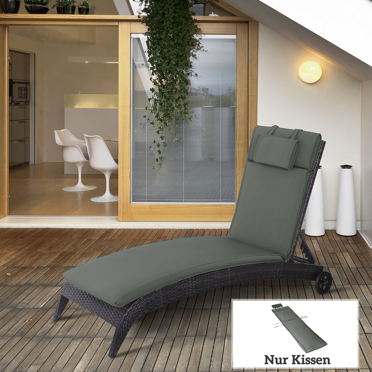Sun lounger cushion garden lounger with removable pillow cover grey 198 x 53 x 5 cm cushion ONLY (2)