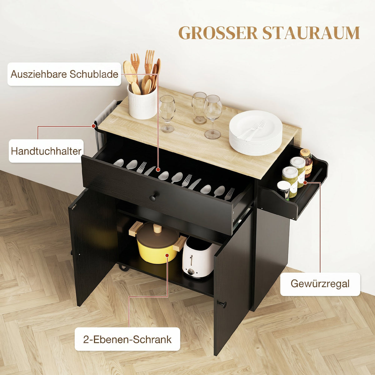 HOMCOM Küchenwagen mit Schublade, Schrankfach, Handtuchstange, 106 x 42 x 87 cm, Schwarz/Eiche – Produktabbildung 5