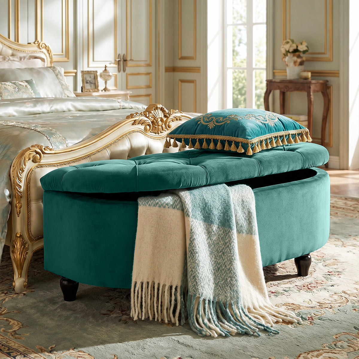 HOMCOM Hocker mit Stauraum, Sitztruhe, gepolstert, soft-close Deckel, Samtoptik, 118 x 45 x 45 cm – Produktabbildung 2