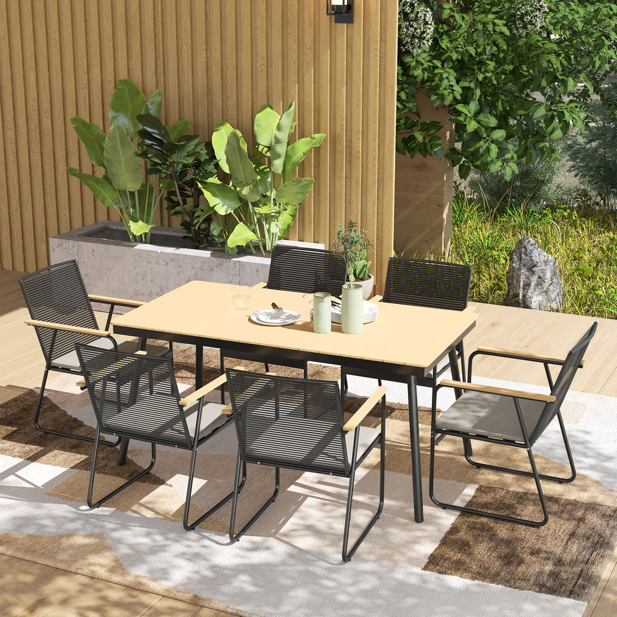 7-piece metal dining set for 6 people, dining table with 6 chairs, dining room set, natural wood + black (2)