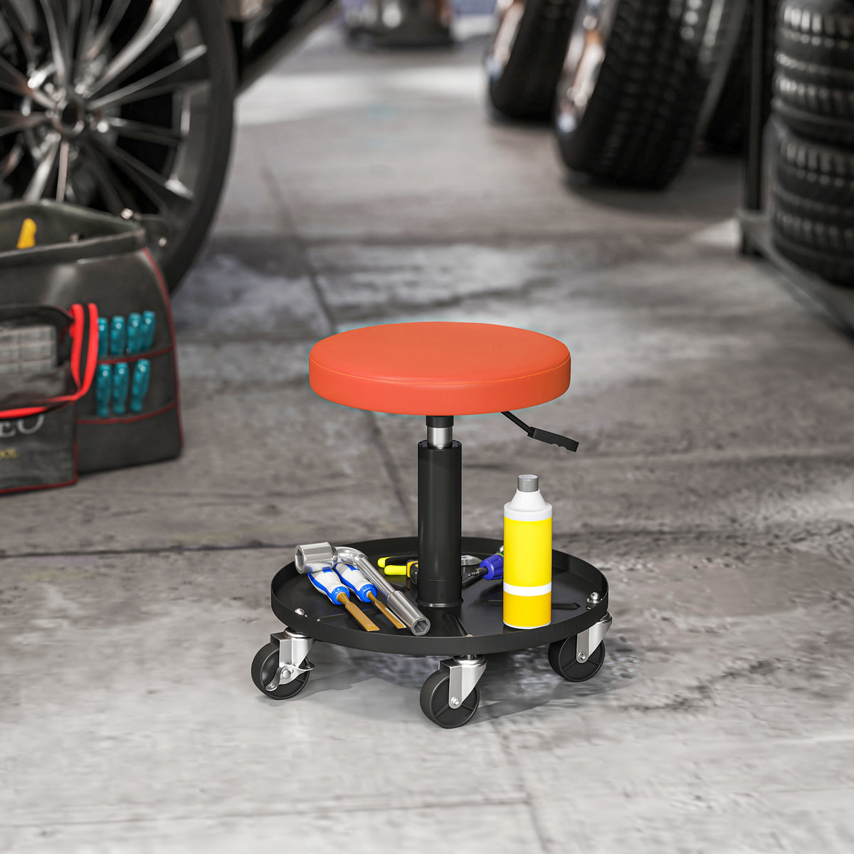 Workshop stool with wheels, storage shelf, height-adjustable 38-50cm, load capacity up to 135 kg, orange (2)