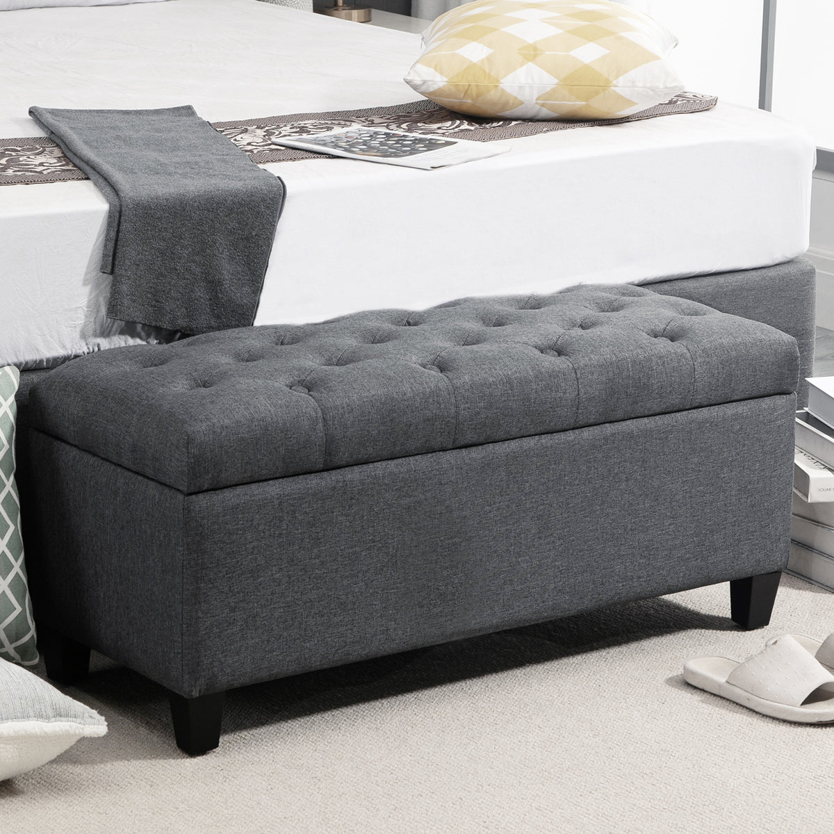 Storage Bench, Upholstered Bench with Linen-Look, Storage Chest with Wooden Legs, Ottoman Bench for Living Room (2)