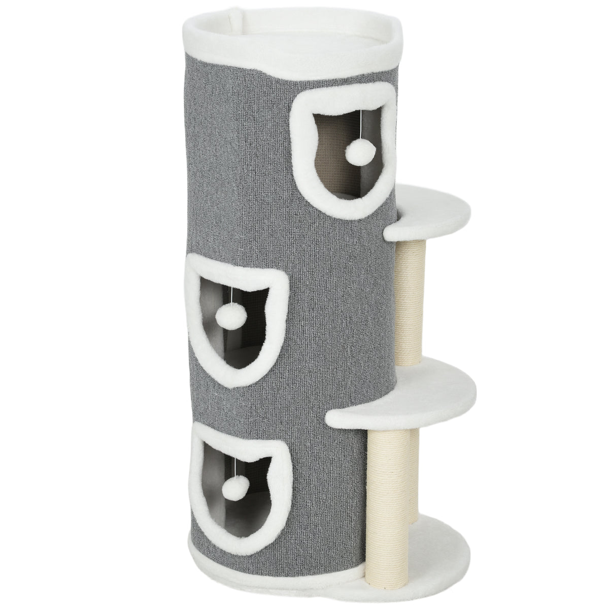PawHut 101 cm Katzenturm, 3 Ebenen, 3 Schlafhöhlen, Spielbälle, Kratzpfosten, Sisal, Spanplatte, Grau