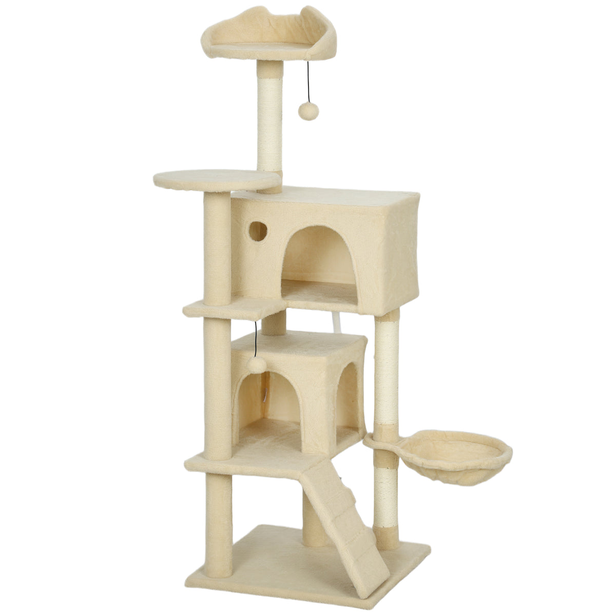 PawHut Kratzbaum 140 cm Katzenturm mit Hängematte, Leiter, Höhle, 2 Plüschballen, Sisalstämme, 48 x 48 x 140