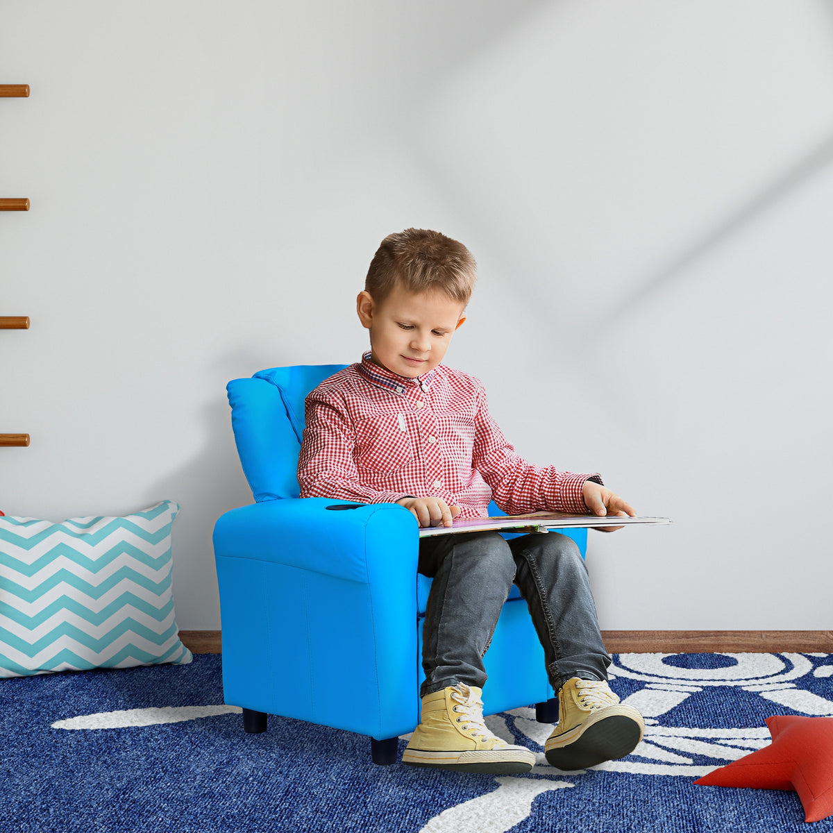 HOMCOM Kindersessel mit neigbarer Rücklehne 62 x 52 x 69cm Massivholzrahmen Blau – Produktabbildung 2